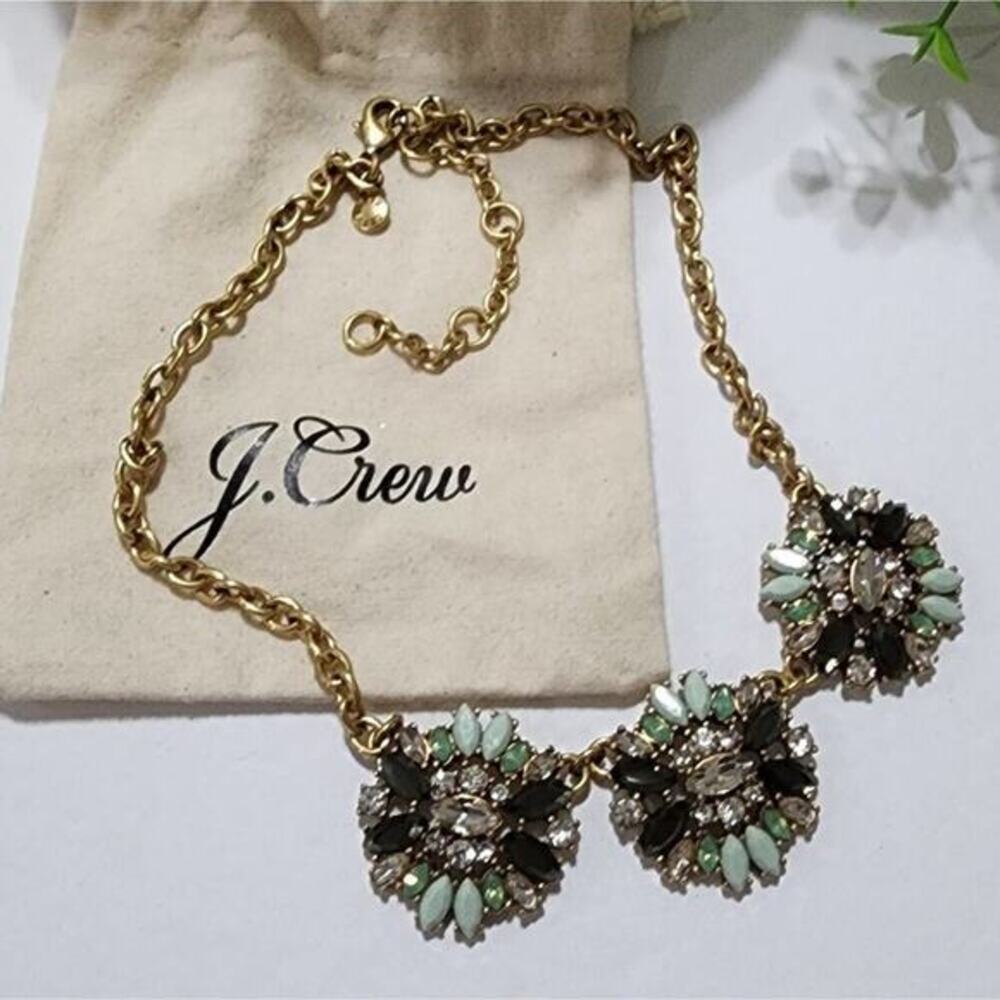 J. Crew Floral Crystal Statement Necklace Gold Tone Mint Black Bib Medallion